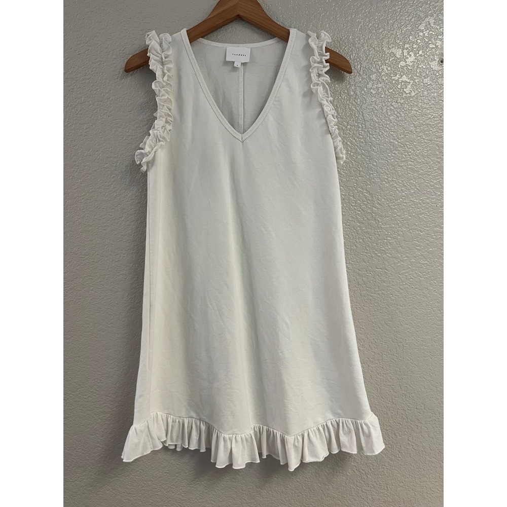 Sundays White Ruffle Sleeve V-Neck Mini Dress Cotton Blend Small